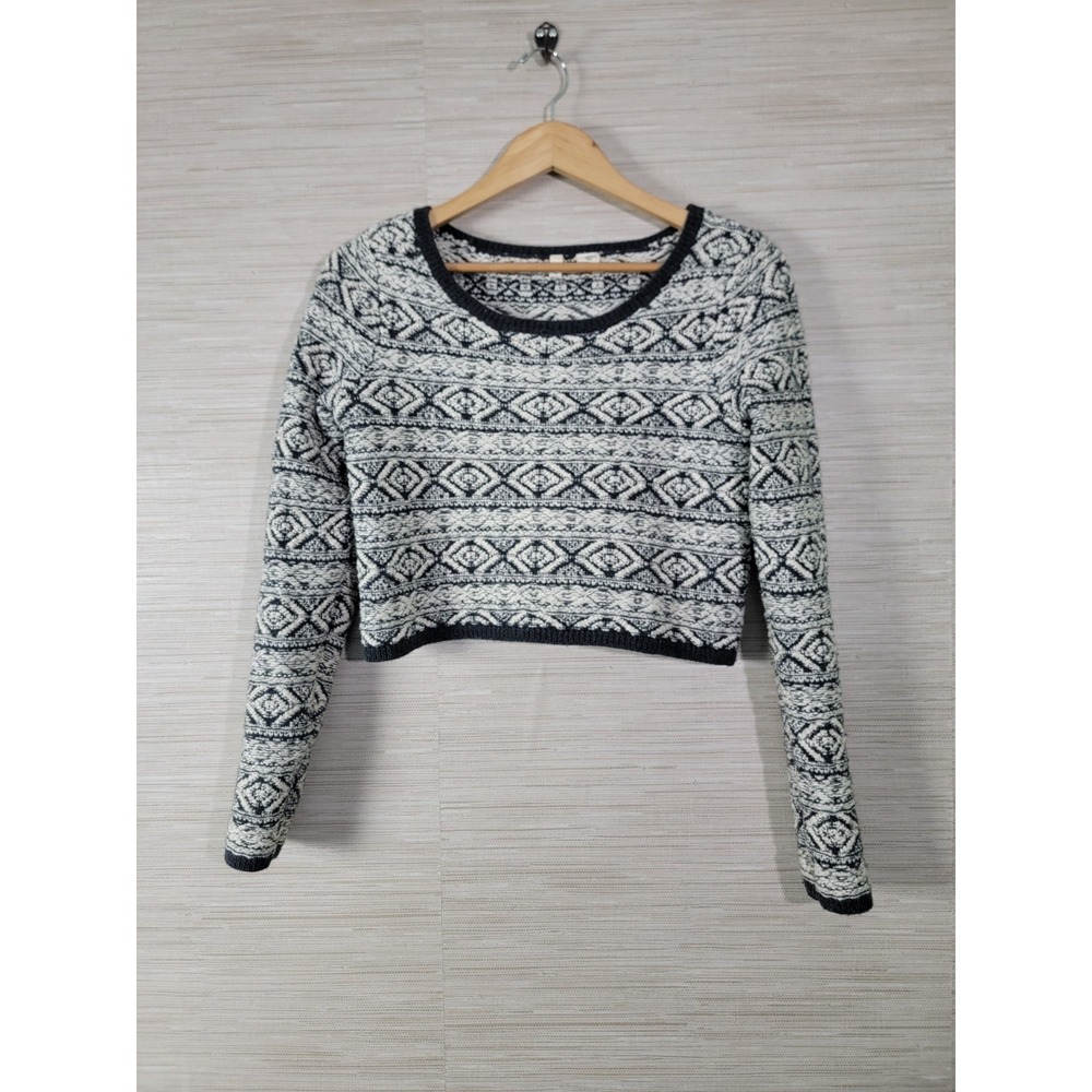 Moth Cropped Sweater Womens White Black Fair Isle Knitted Round‎ Neck Pullover